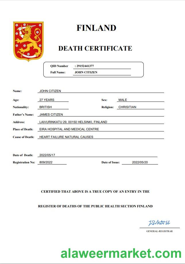 Finland death certificate Word and PDF template